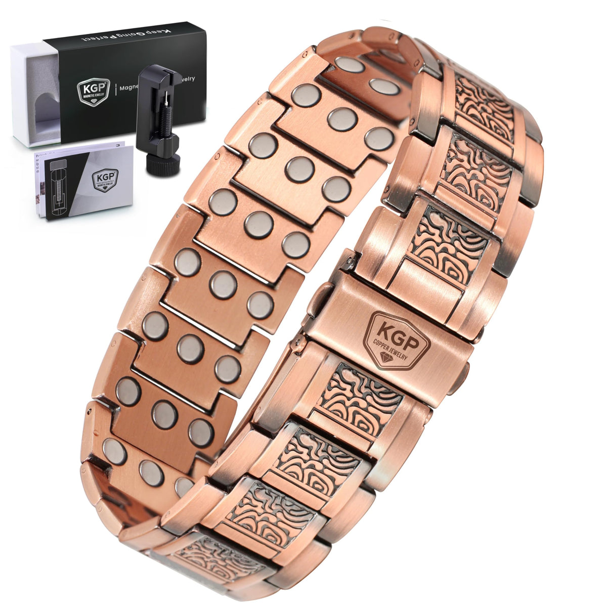 Brazalete KGP de cobre magnético vintage frente, posible alivio diario y estilo elegante.