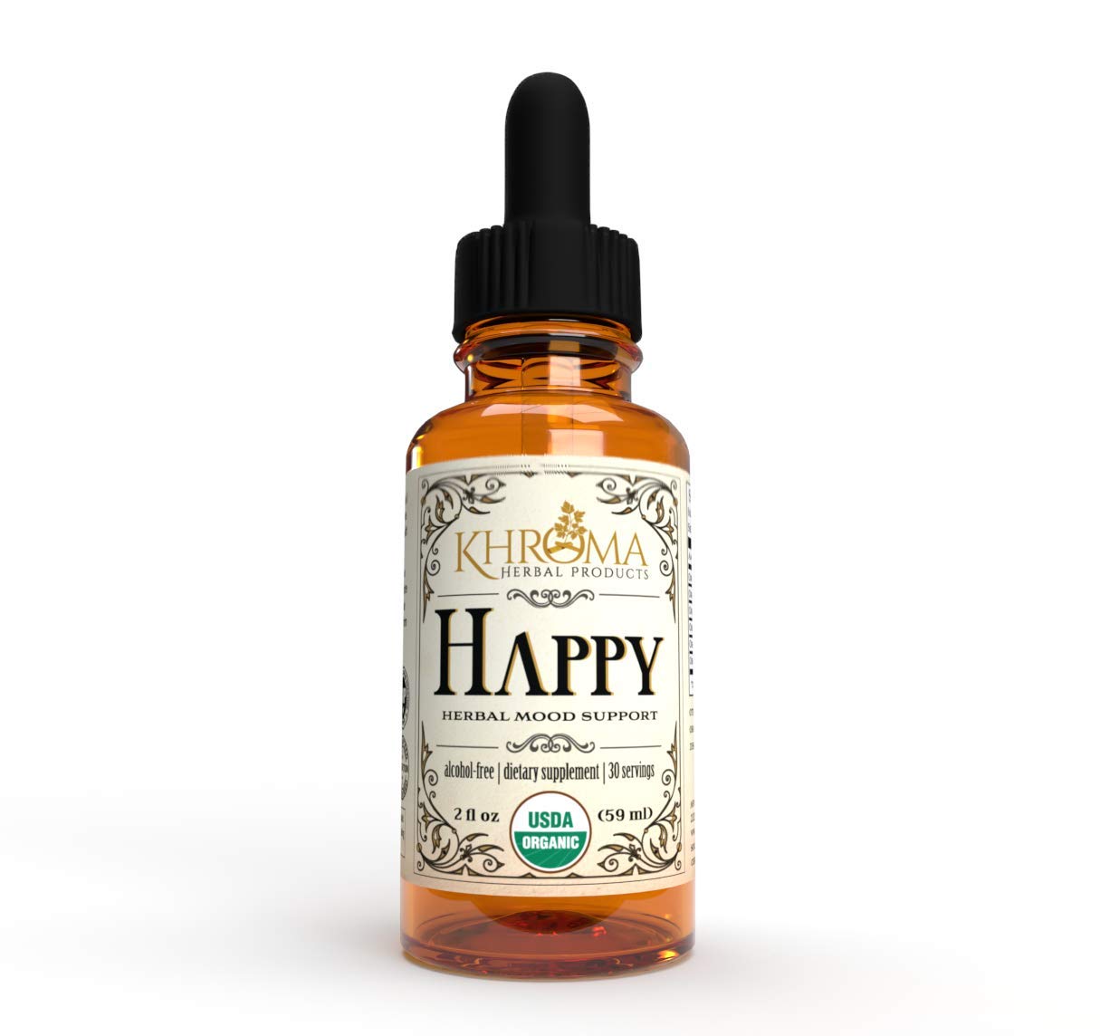 Khroma Happy, botella de vidrio con vertido, posible apoyo para un estado de ánimo equilibrado durante el día.