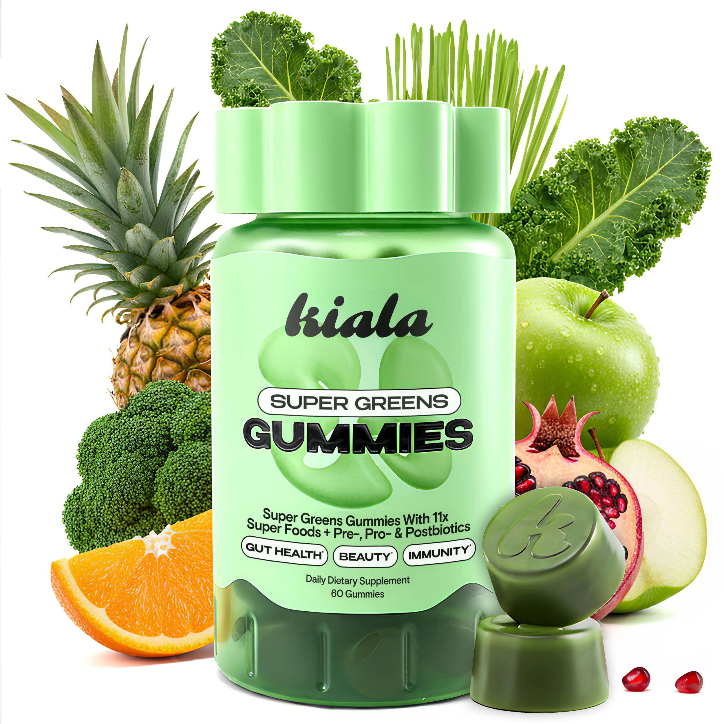 Gomitas Kiala Nutrition Super Greens, bote, apoyo diario para energía y digestión.