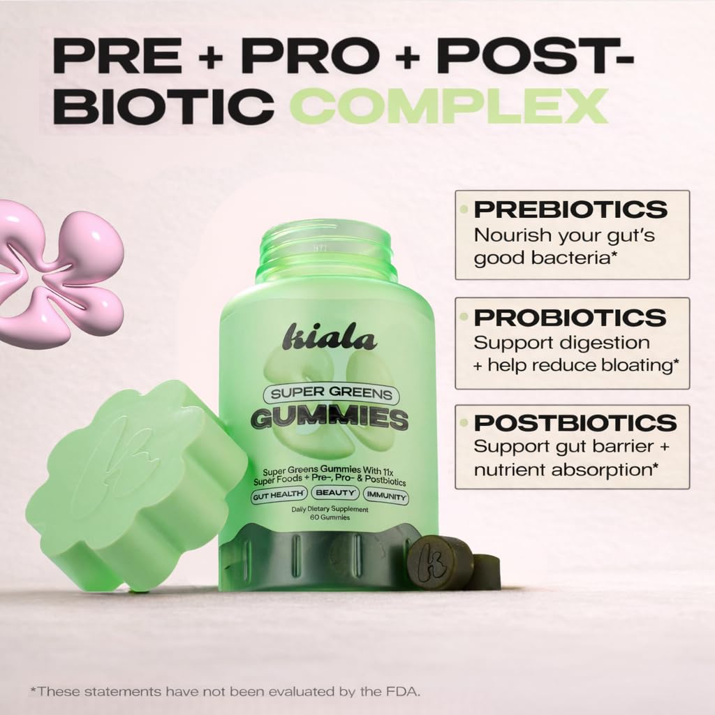 Gomitas Kiala Nutrition Super Greens, vegetarinas, fuente de antioxidantes para apoyo diario.