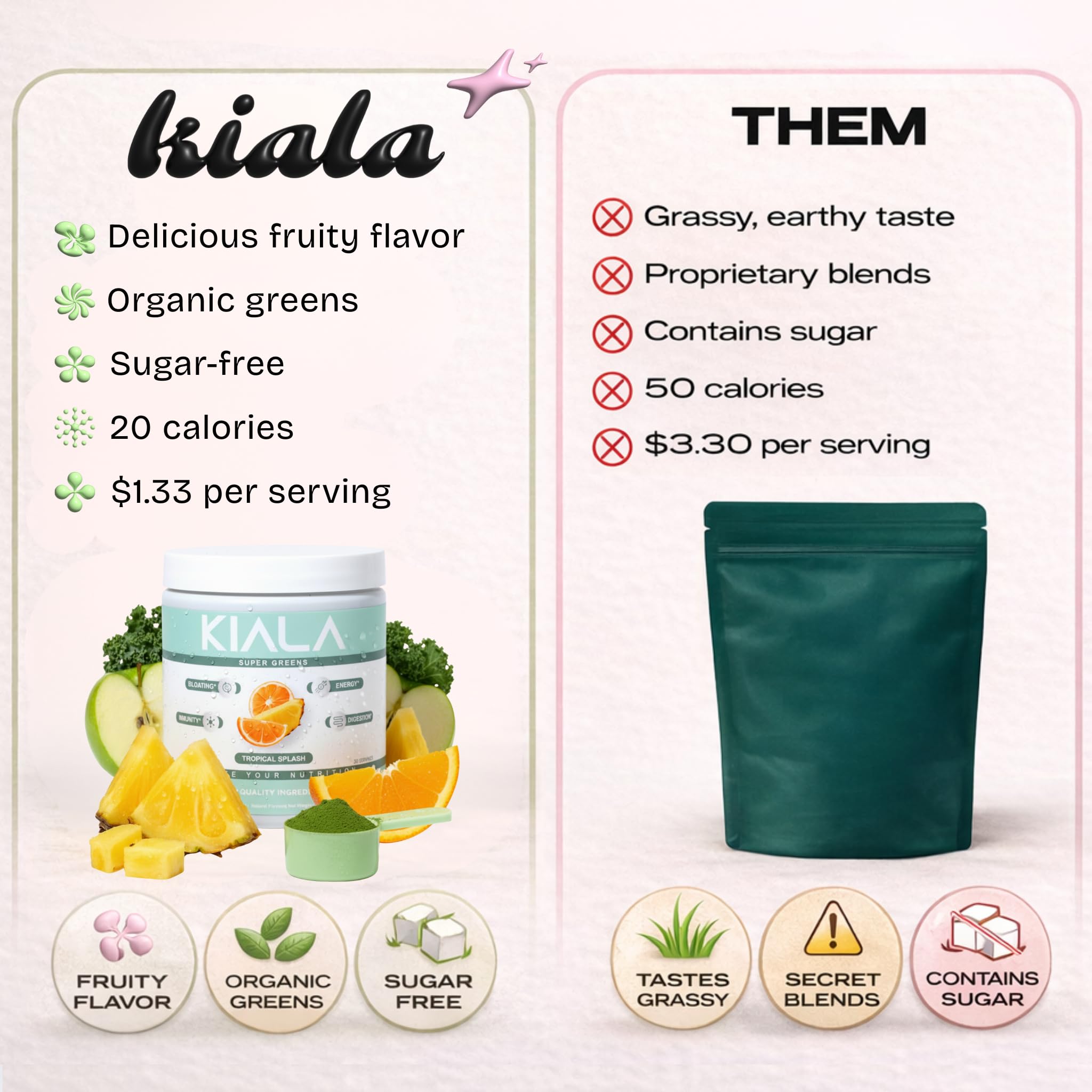 Kiala Nutrition Super Greens envase de 30 porciones, compra conveniente.