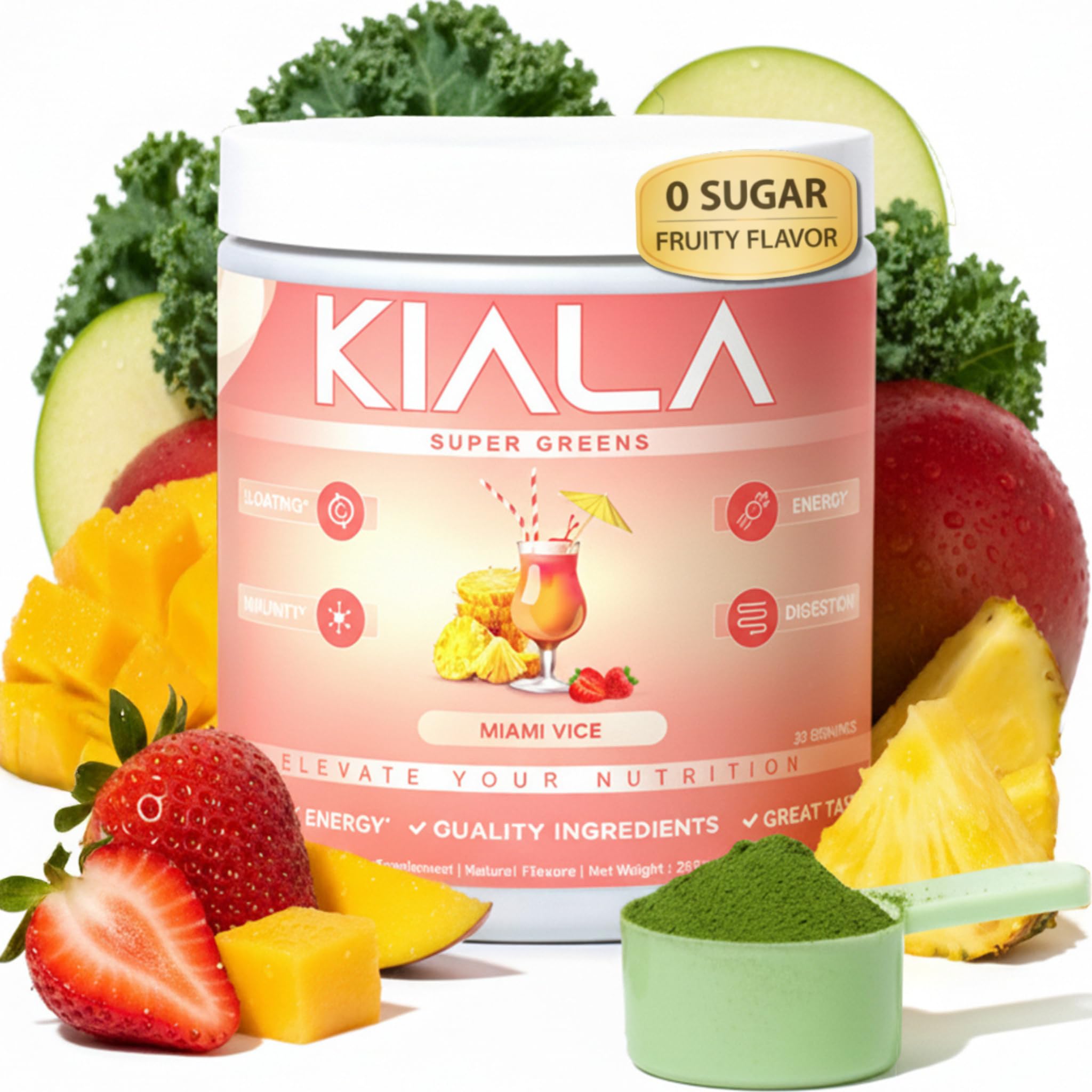 Envase de Kiala Nutrition Super Greens para consumo diario, energía y digestión suaves.