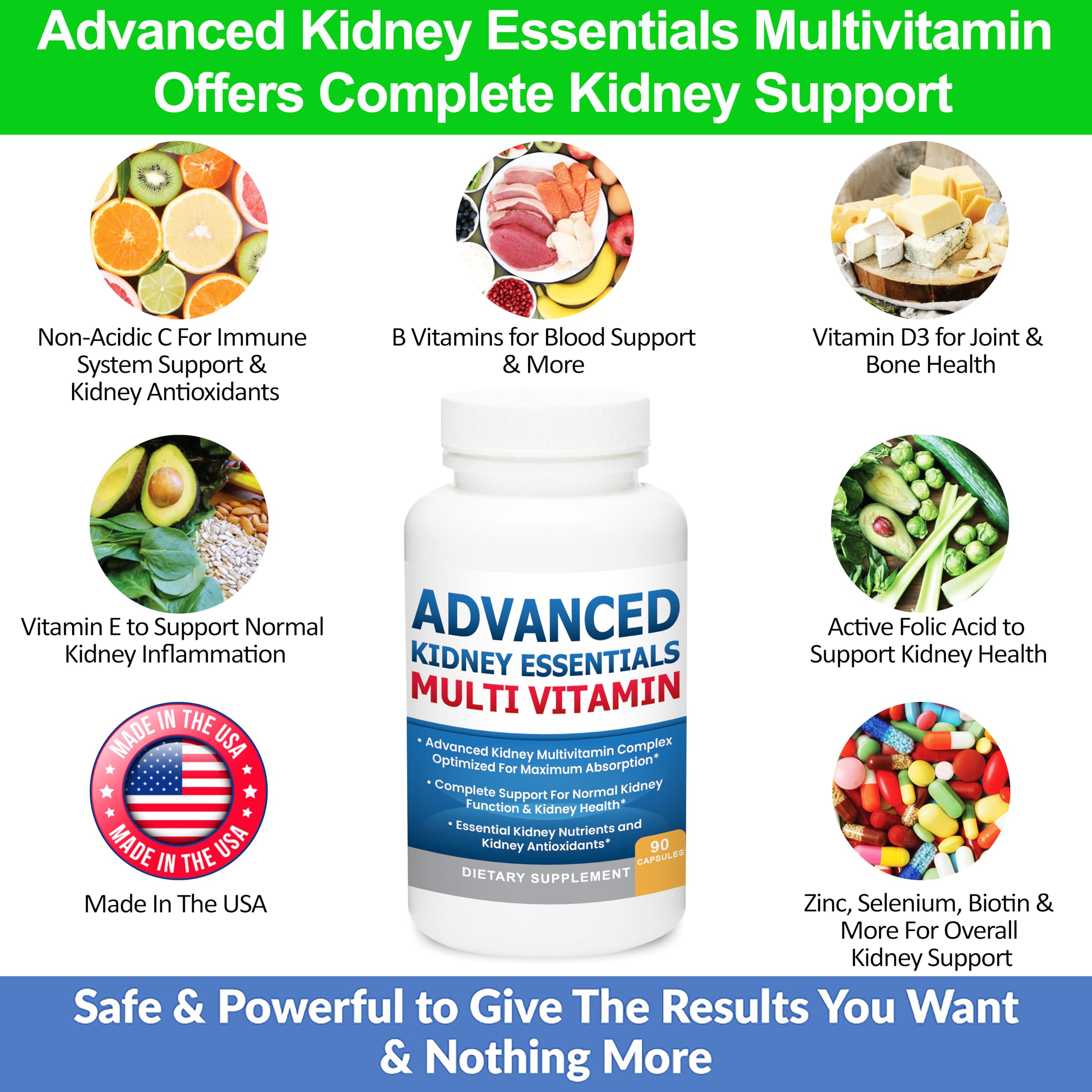 Kidney Restore Advanced Kidney Essentials, ingredientes clave visibles, posible apoyo a procesos corporales diarios.