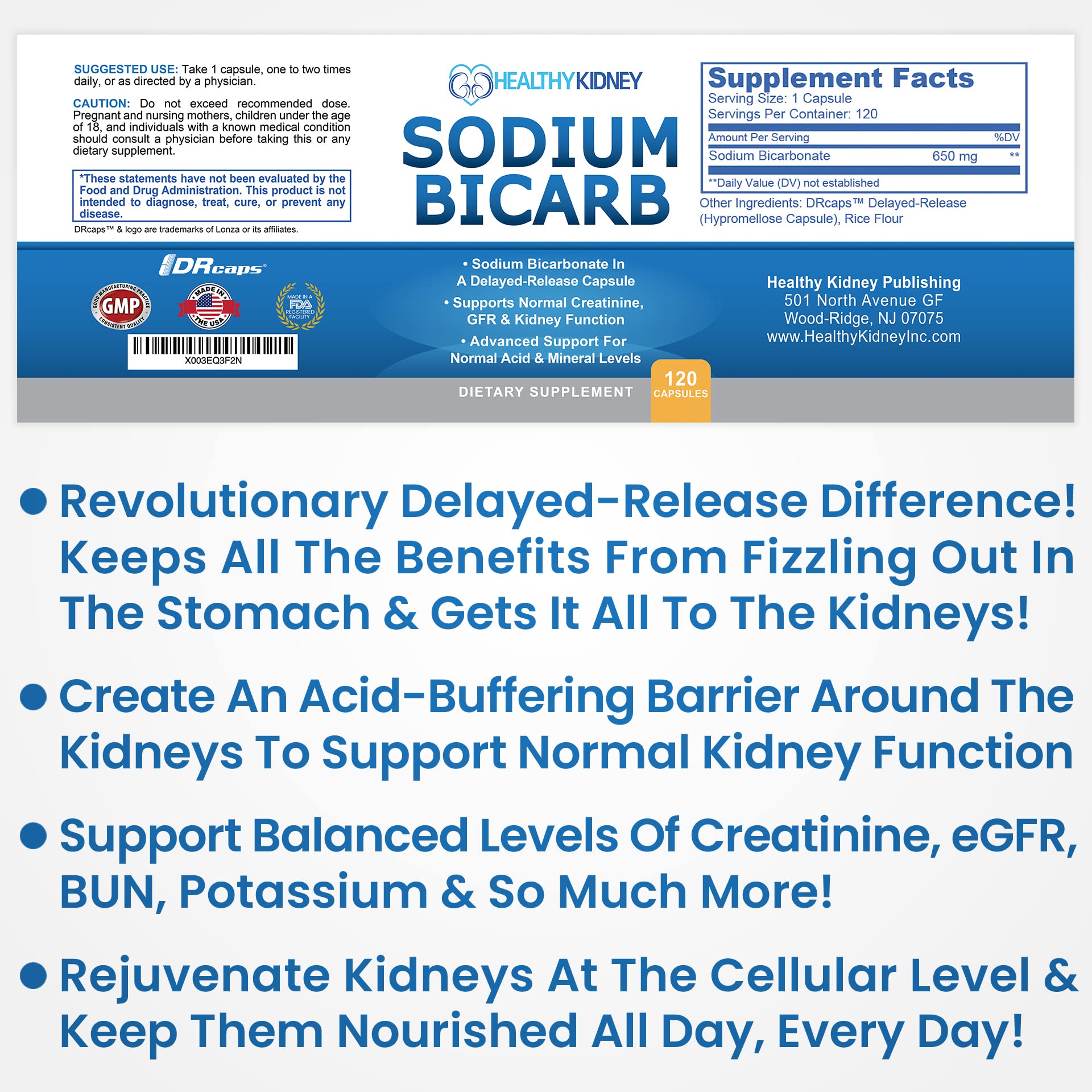 Kidney Restore botella con cápsulas para alcalinidad, posible beneficio renal diario.