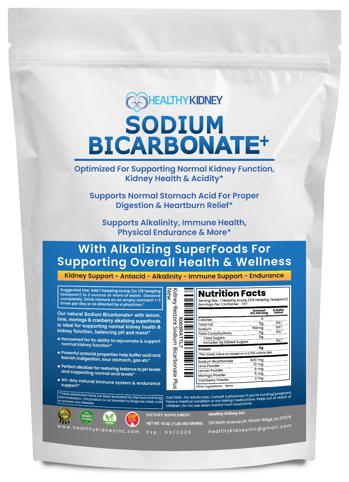 Kidney Restore Bicarbonato Alcalino polvo 1lb, ideal para alcalinizar el cuerpo en casa