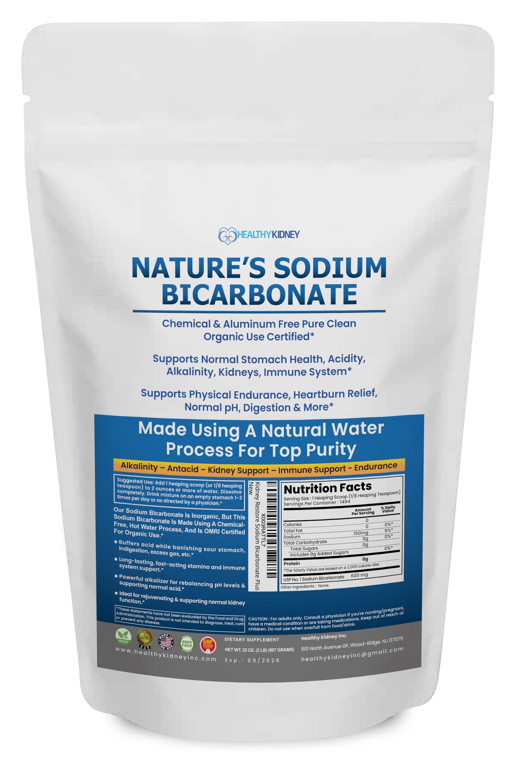 Kidney Restore bicarbonato organico 2lb en caja, uso diario y seguro.