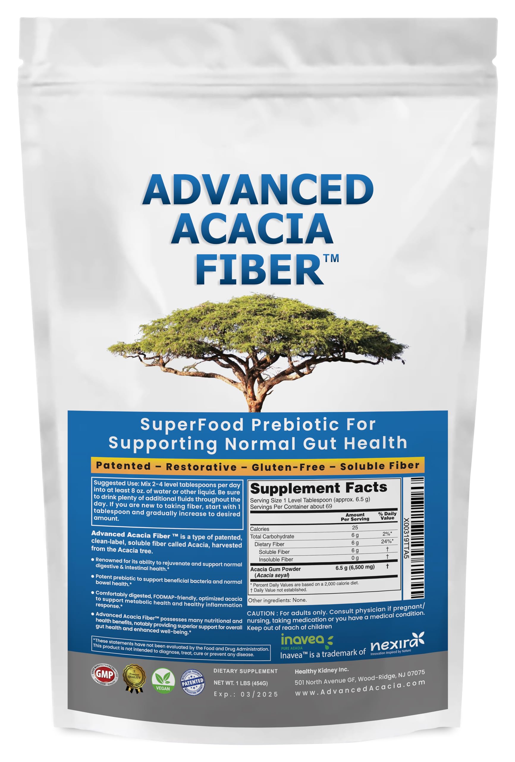 Kidney Restore: bote 16oz de fibra de acacia soluble lista para uso diario.