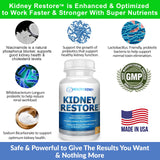Kidney Restore cápsulas y vaso para beber en casa.
