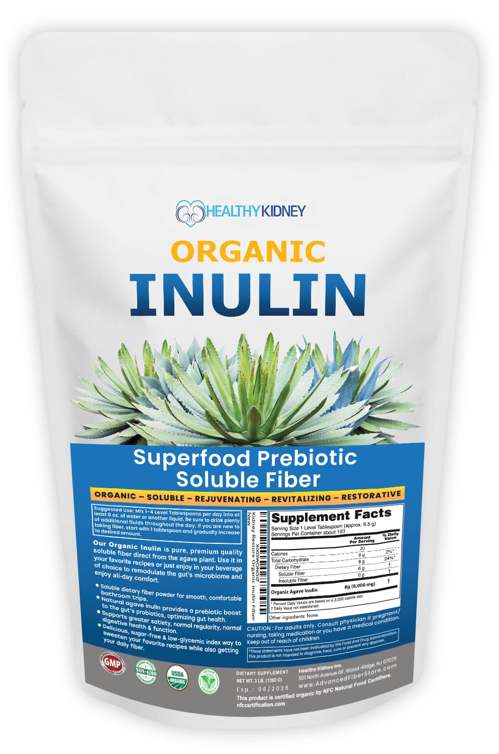 Kidney Restore Inulina Orgánica en Polvo: polvo fino para consumo diario en bebidas.