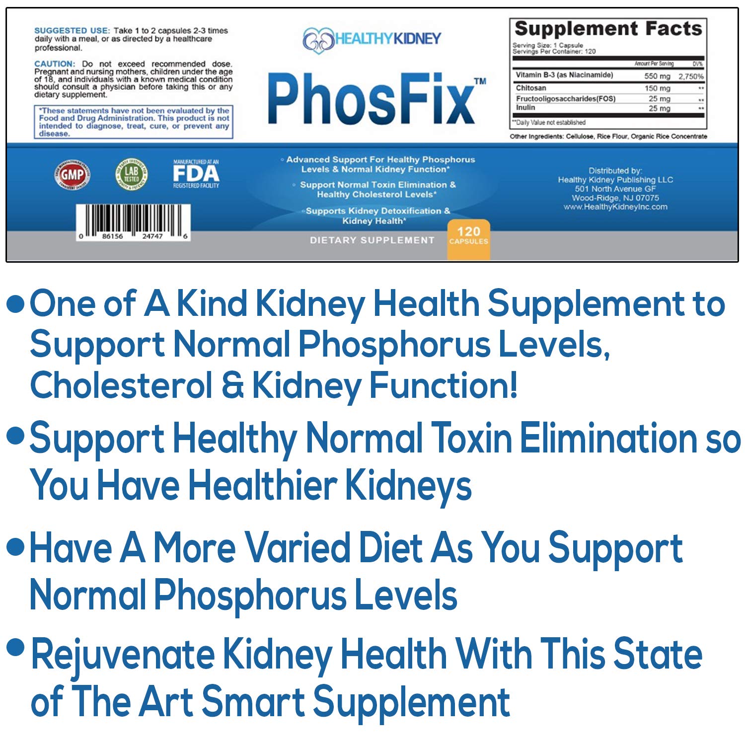 Fórmula PhosFix con quitosano para apoyar niveles de fósforo y función renal.