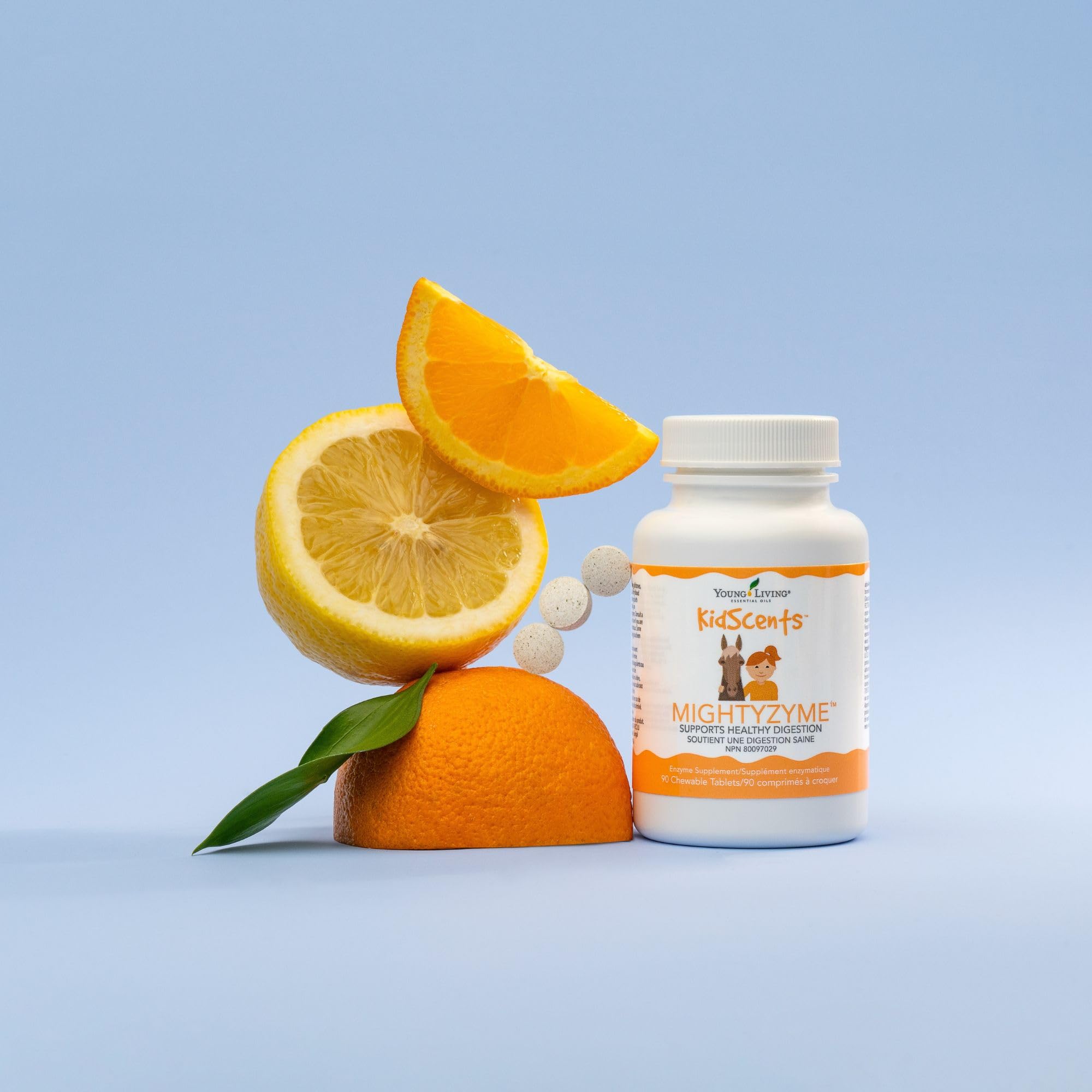 KidScents MightyZyme Tabletas masticables, textura suave para niños y apoyo digestivo diario.