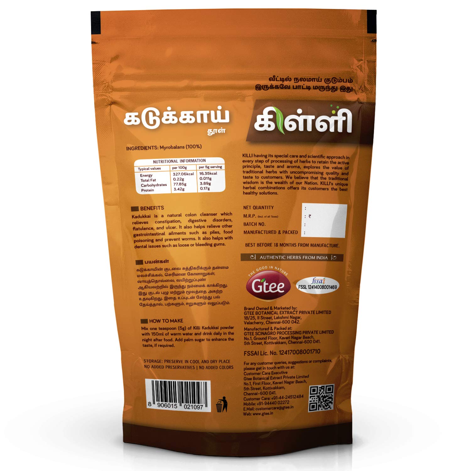 KILLI Haritaki polvo, dosificación con cuchara para limpieza digestiva.