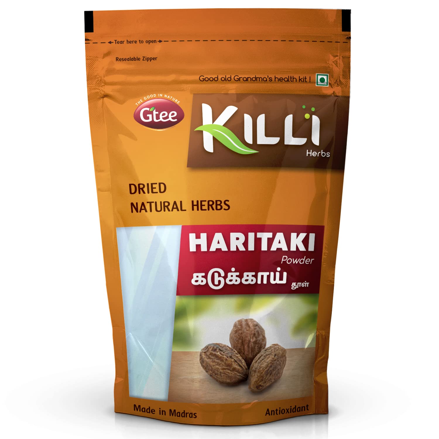KILLI Haritaki polvo, empaque: posible apoyo digestivo diario.