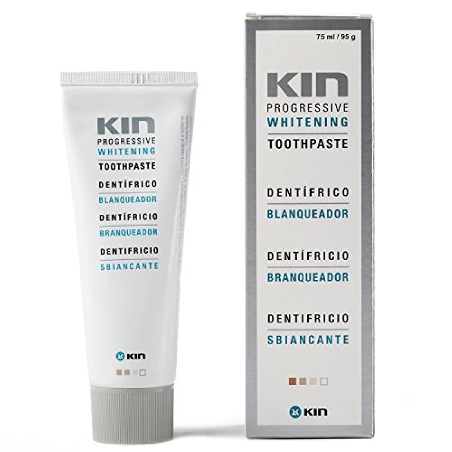 Pasta dentífrica Kin blanqueadora: enfoque en el tubo para eliminar manchas.