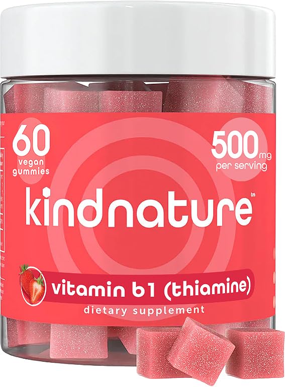 kindnature gominolas de vitamina b1 en botella con sabor fresa para energía diaria.