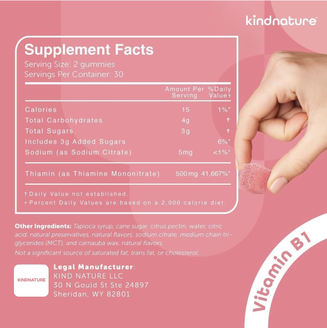 kindnature gominolas de vitamina b1 con etiqueta clara para ingredientes y valores nutricionales.