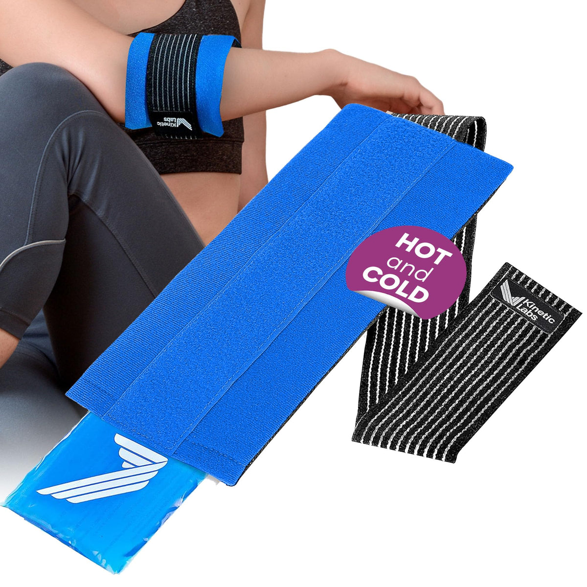 Kinetic Labs envuelta de hielo con correa elástica: se adapta a contornos para alivio cómodo.