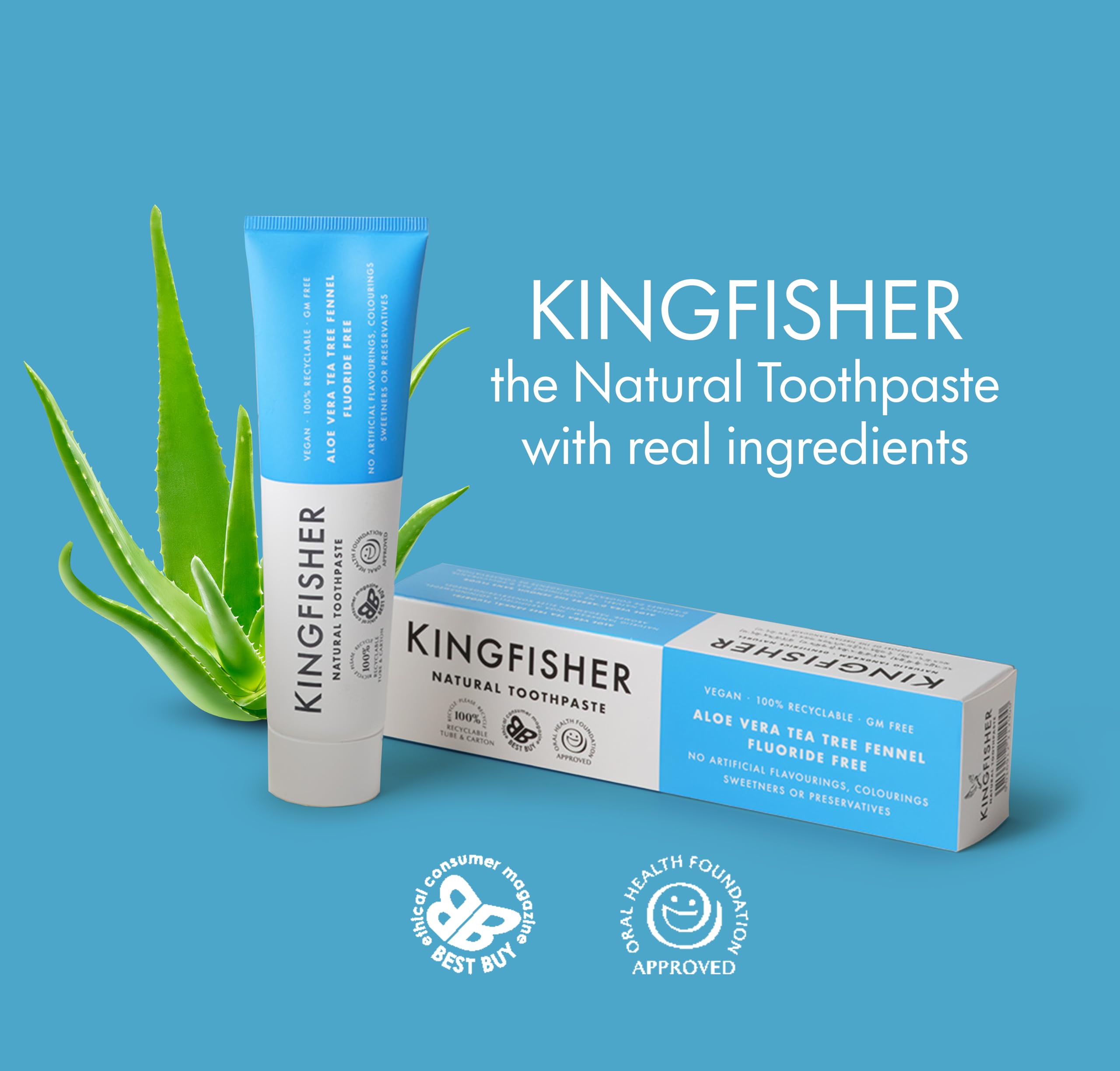 Kingfisher dentífrico sin edulcorantes artificiales, sabor natural y limpieza suave.