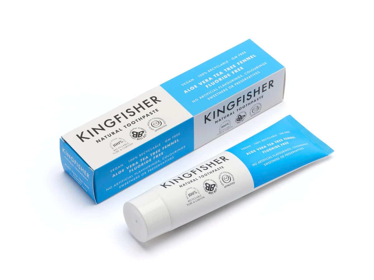 Kingfisher dentífrico con Aloe Vera, Árbol de Té e Hinojo, sin fluoruro, limpieza diaria suave.