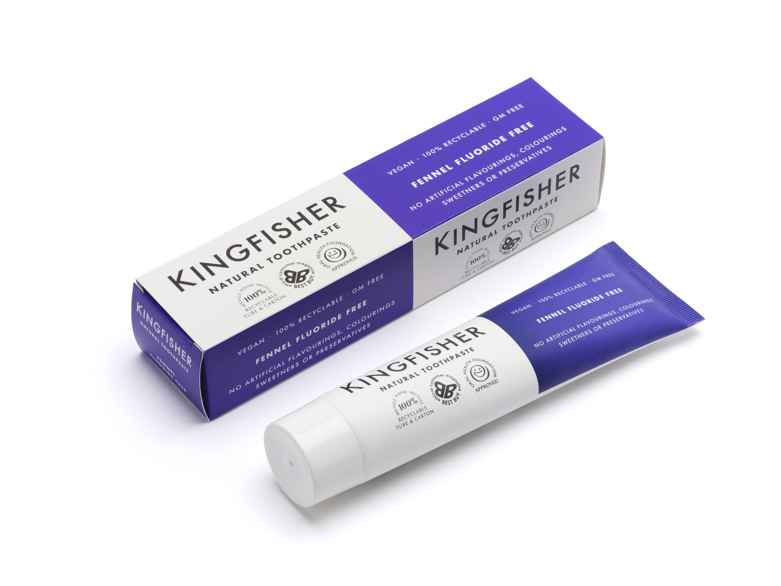 Kingfisher pasta dental sin fluoruro con hinojo, frente del empaque de 3 tubos, cuidado diario.