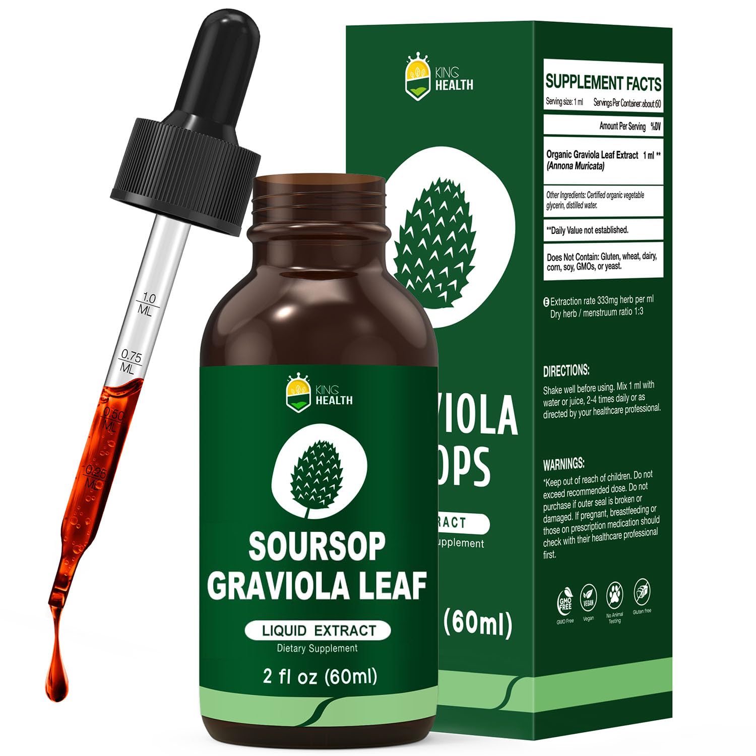 KingHealth Graviola: gotas de extracto de hojas para uso diario en una rutina natural.