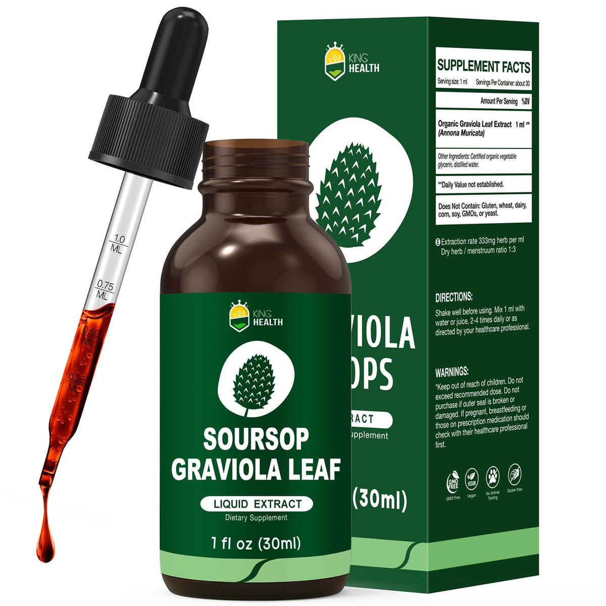 KingHealth Guanábana: botella de extracto de hoja para uso diario.