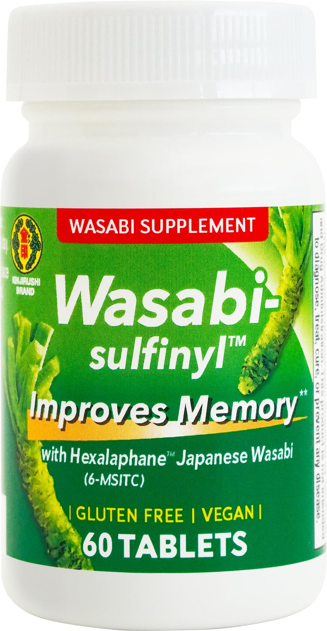 KINJIRUSHI BRAND Wasabi Sulfinyl: botella de tabletas para posible apoyo cognitivo diario.