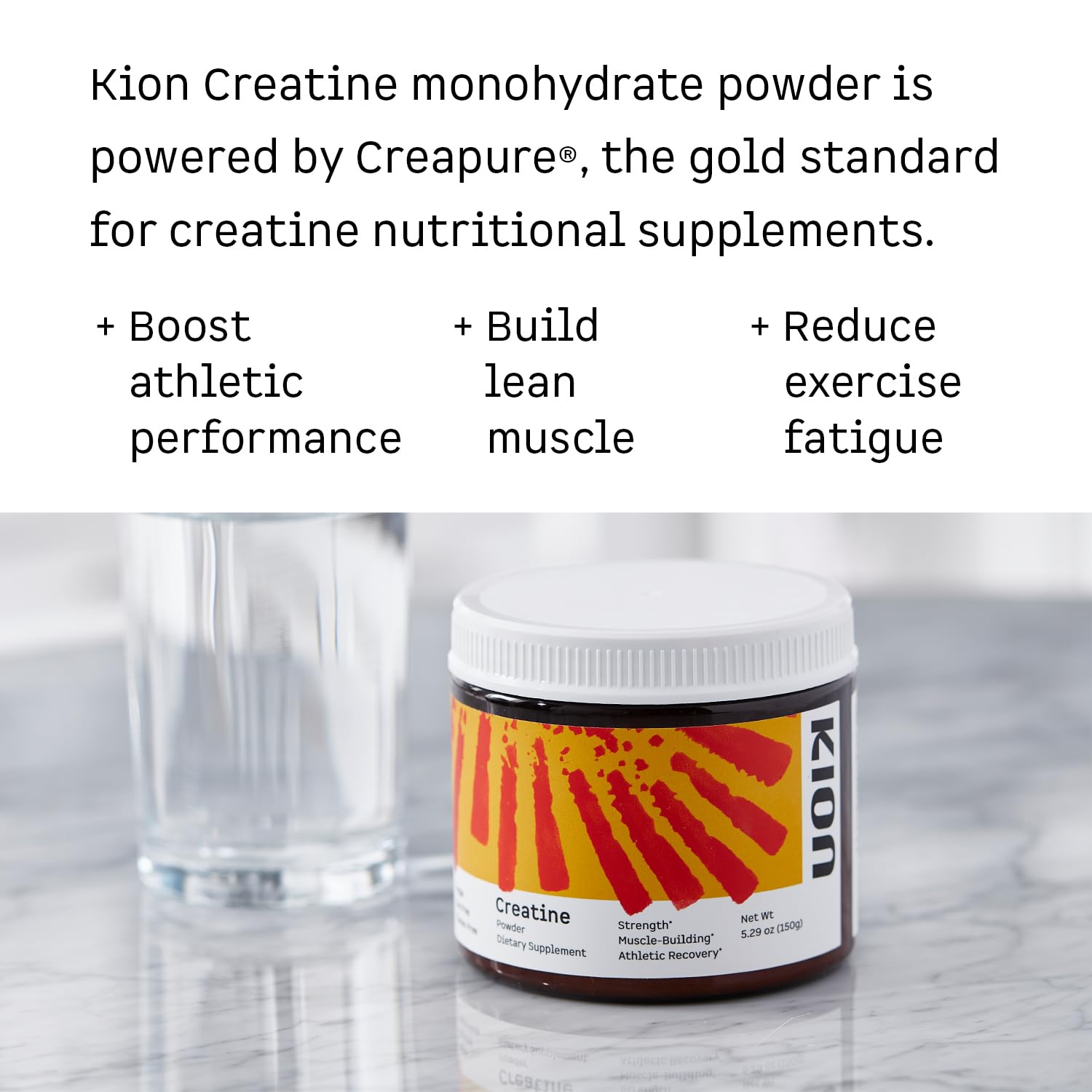 Kion Creatine polvo blanco en cuchara para mezclas rápidas y fáciles.