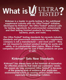Botella Kirkman, etiqueta visible, hipoalergénica y apta para dietas.