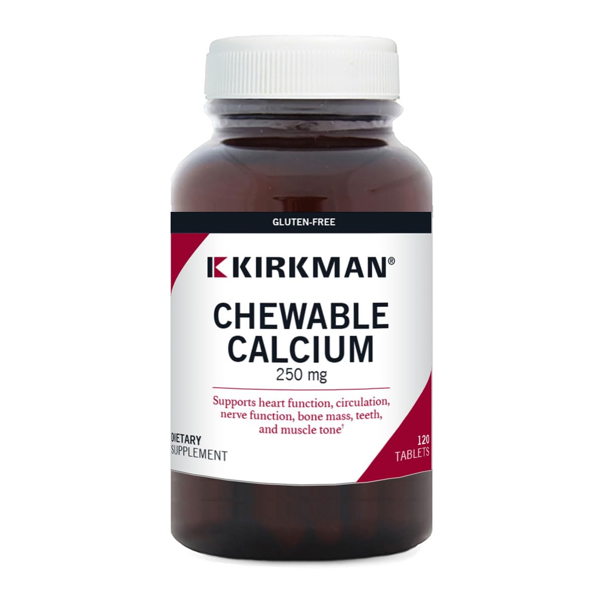 Kirkman Calcio 250 mg con D3 frente a la botella, apoyo a la salud ósea.