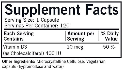 Kirkman Vitamina D-3 400 UI con etiqueta, dosificación fácil y apoyo diario para la salud.