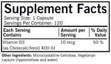 Kirkman Vitamina D-3 400 UI con etiqueta, dosificación fácil y apoyo diario para la salud.