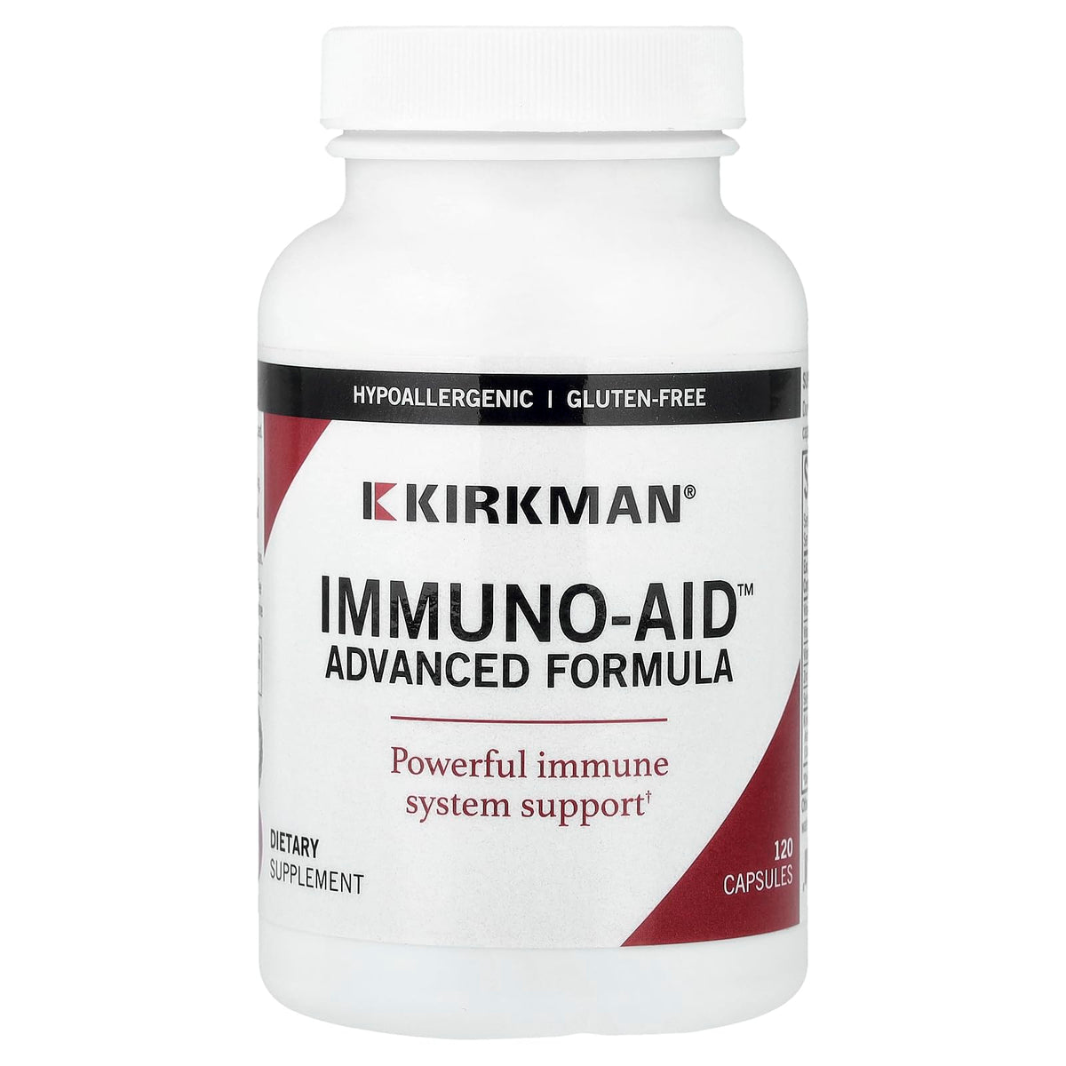 Kirkman Immuno-Aid Fórmula Avanzada: botella de cápsulas para apoyo diario.