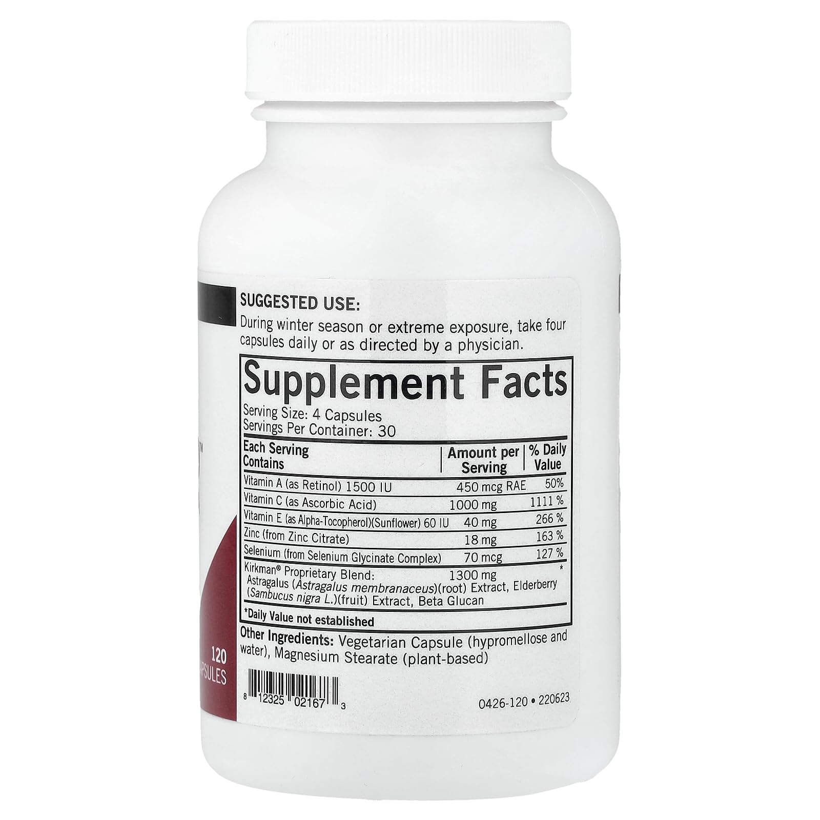 Kirkman Immuno-Aid Fórmula Avanzada: cápsulas que combinan vitaminas y saúco.