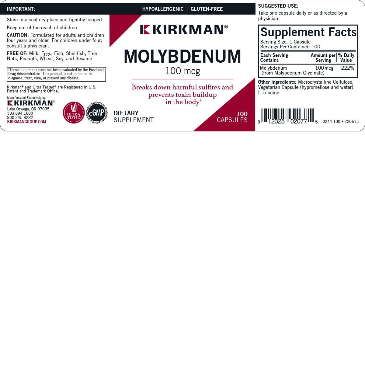 Etiqueta hipoalergénica de Kirkman Molibdeno, información clara para uso seguro.