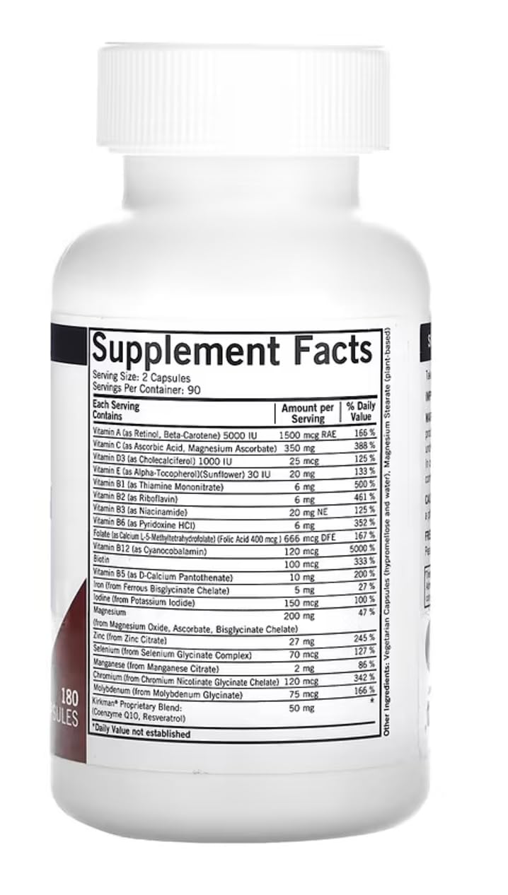 Kirkman Multivitamin Avanzado 5MTHF cápsulas etiqueta: contiene CoQ10 para la energía diaria