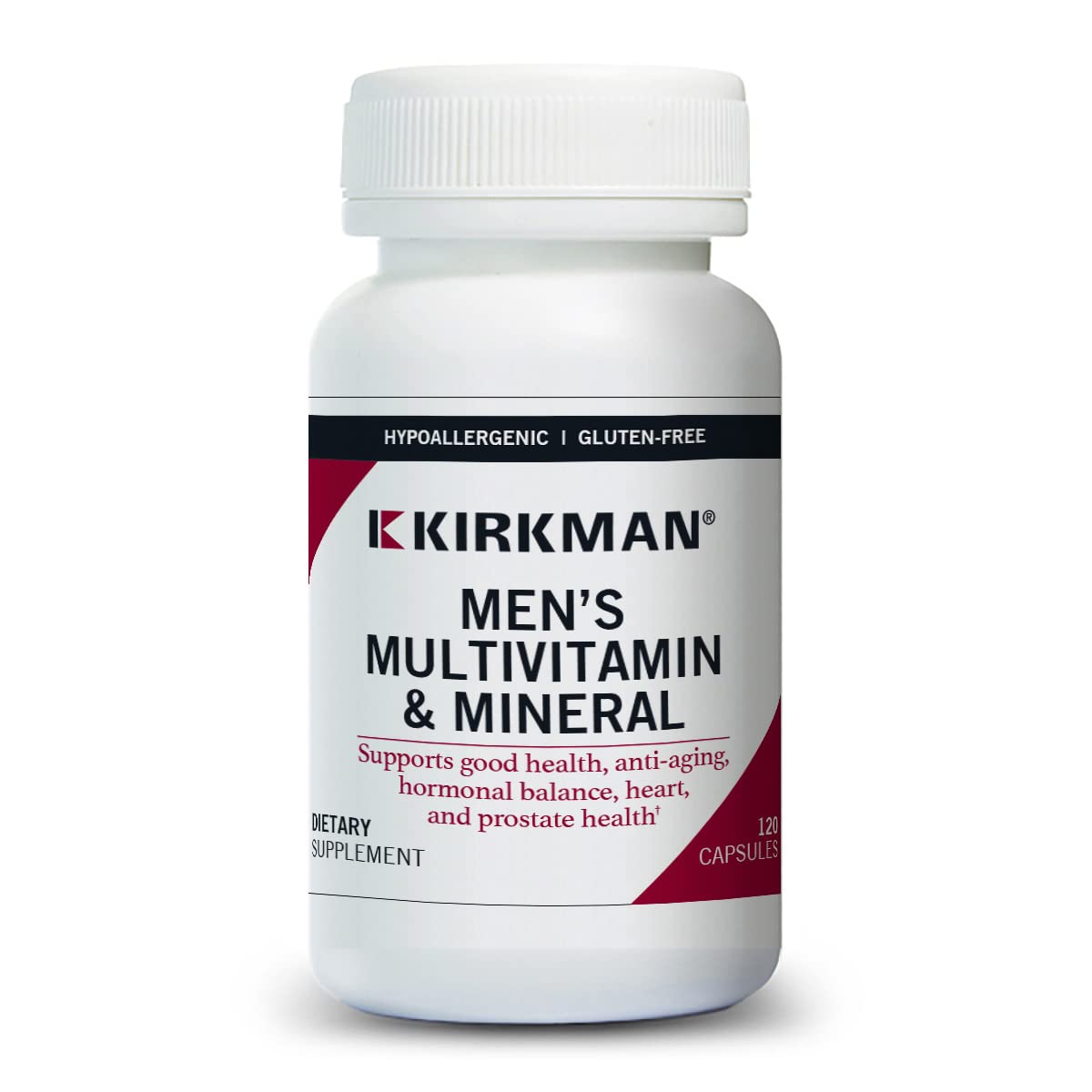 Kirkman multivitamínico para hombres mayores, botella visible, apoyo general a la salud.