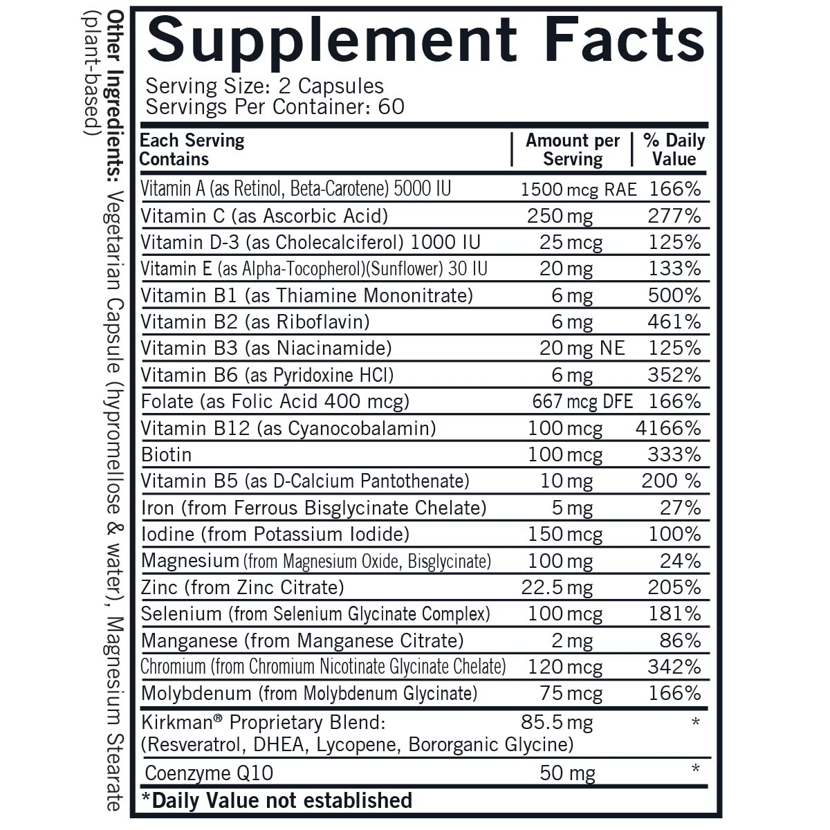 Kirkman cápsulas vegetales, multivitamínico para hombres mayores, uso diario.