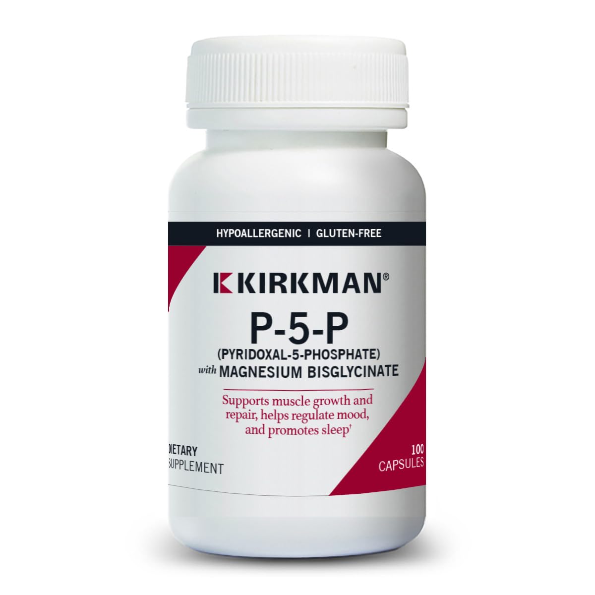 Kirkman P-5-P con magnesio en frasco hipoalergénico para uso diario.