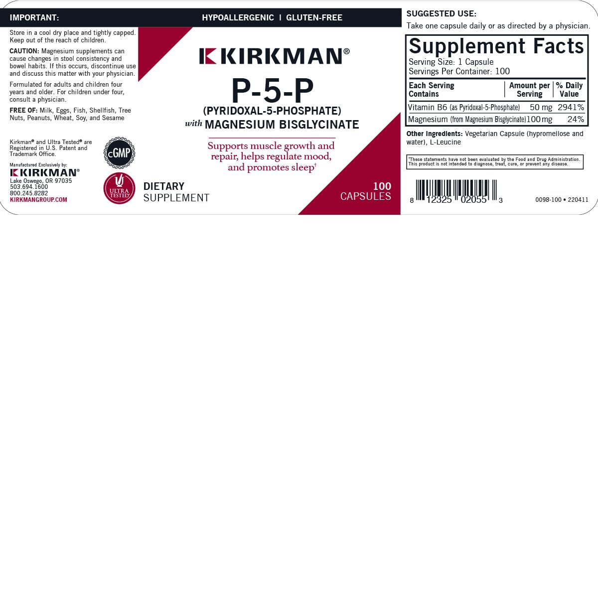 Etiqueta detallada de Kirkman P-5-P con indicaciones claras de uso.