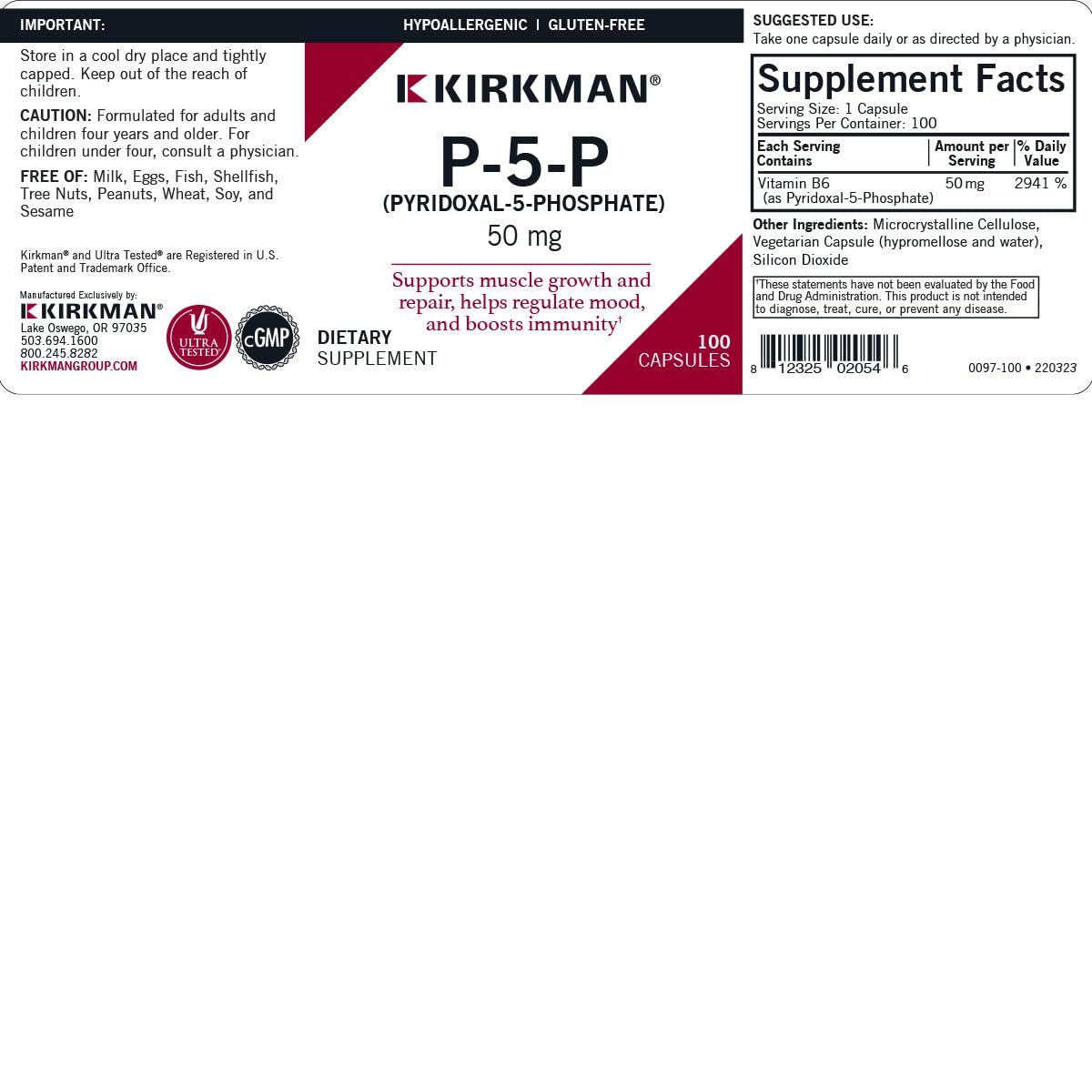 Kirkman P-5-P, cápsulas vegetales, opción sin gluten ni caseína.
