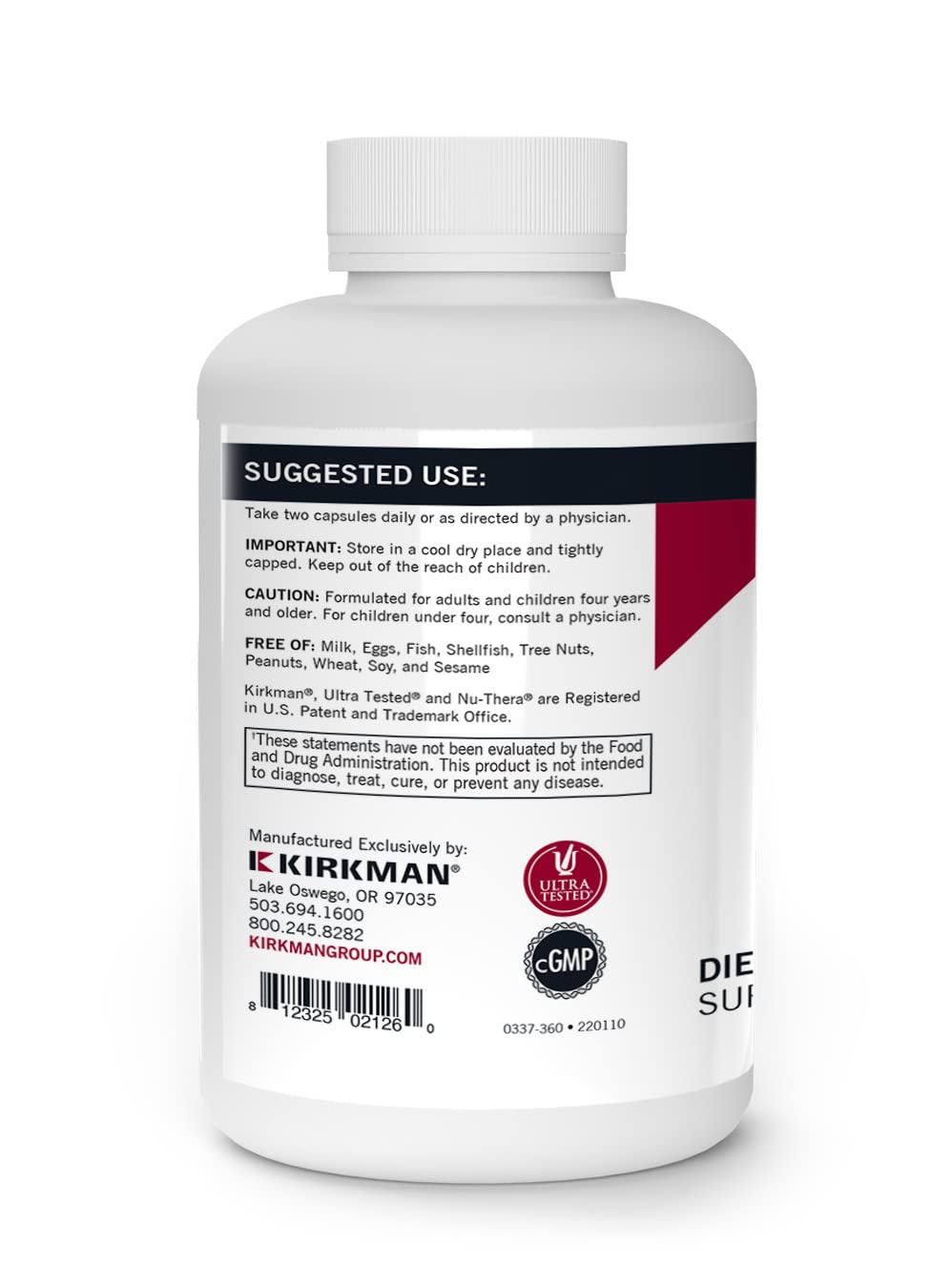 Kirkman Super Nu-Thera: etiqueta del producto con ingredientes.