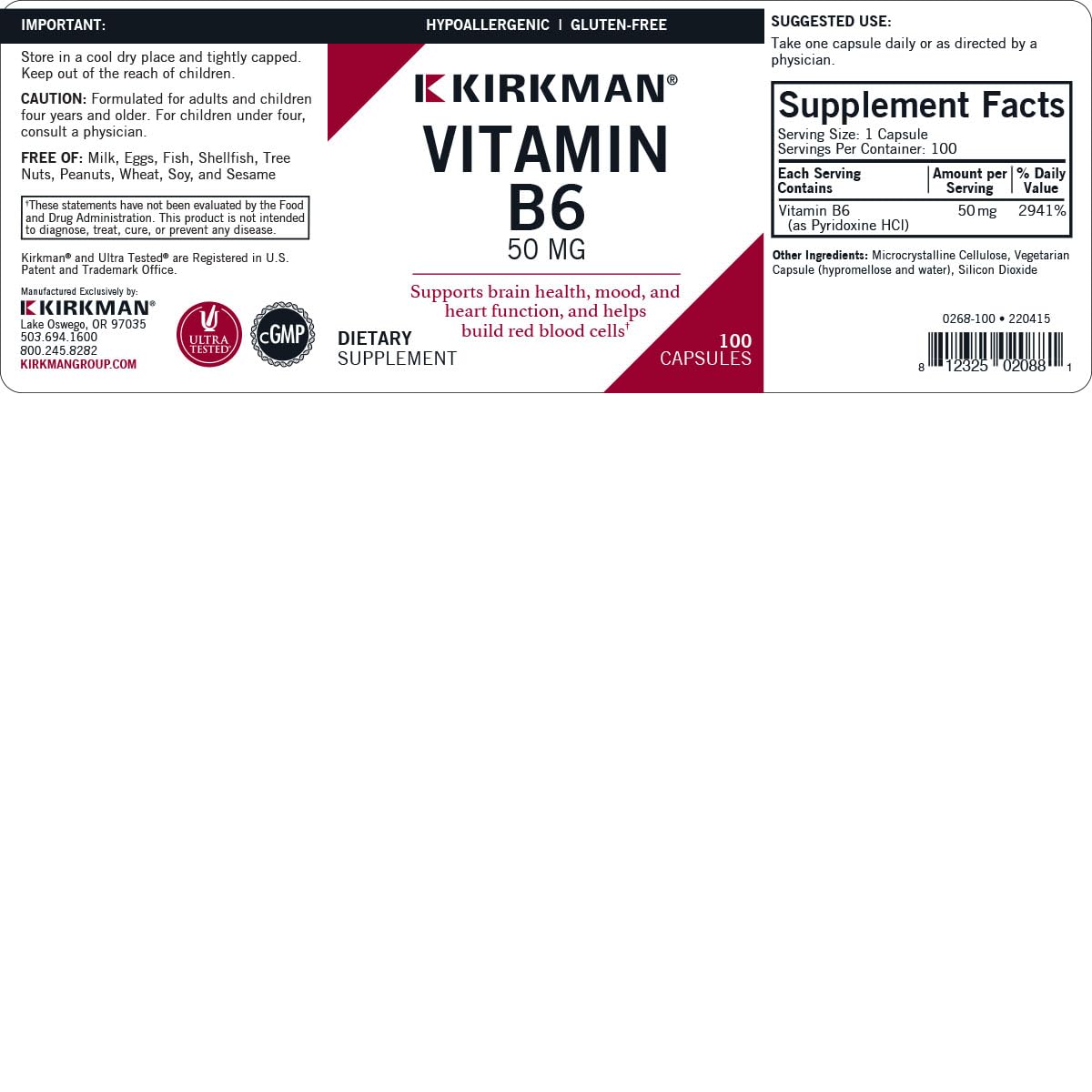 Kirkman Vitamina B6 50 mg, cápsulas vegetarianas, apoyo a funciones inmunes y energía diaria.