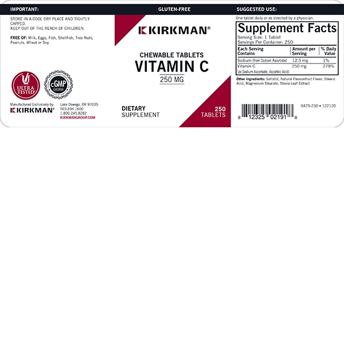 Kirkman Vitamina C masticable, empaque de 250 tabletas para uso diario.