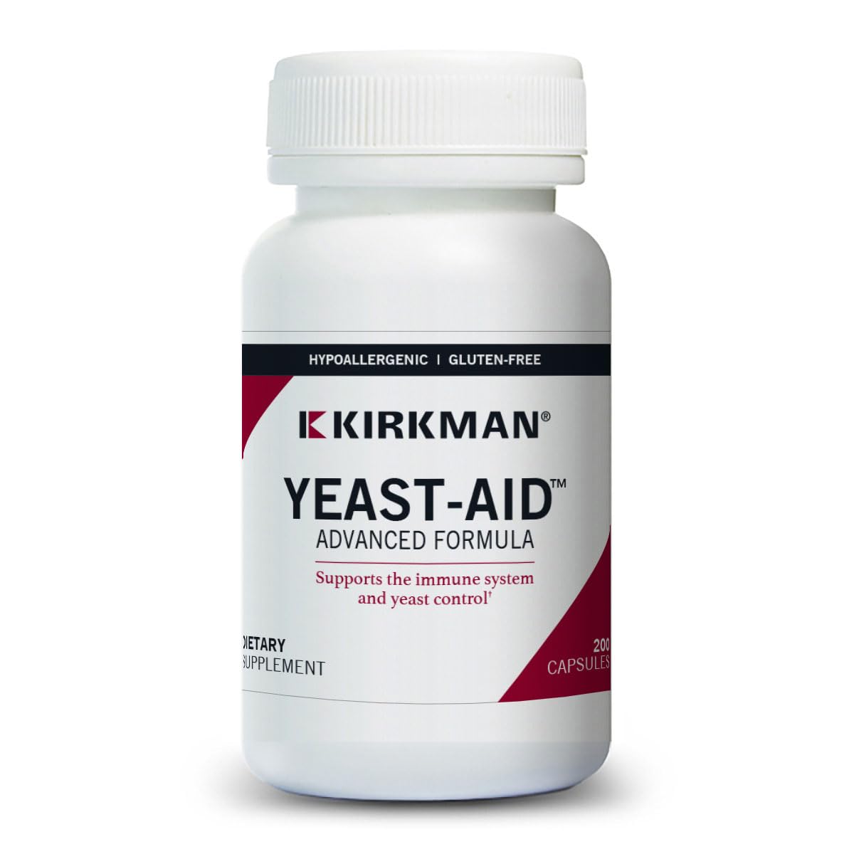 Kirkman Yeast Aid Advanced Formula, botella de cápsulas, apoyo al sistema inmune y equilibrio de levaduras.