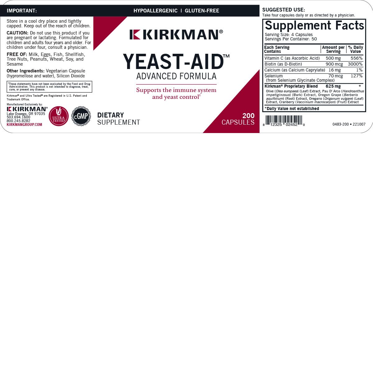 Kirkman Yeast Aid Advanced Formula, cápsulas blister, fácil de usar en cualquier rutina diaria.