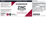 Etiqueta Kirkman Zinc Picolinato destacando pureza y ausencia de alérgenos.
