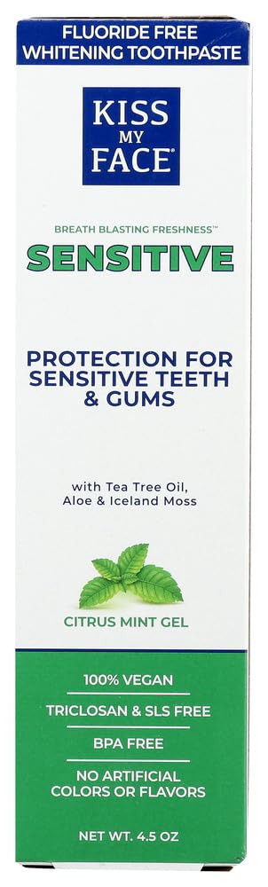 Pasta dental Kiss My Face, tubo sensible sin fluoruro, blanqueado suave y aroma cítrico menta