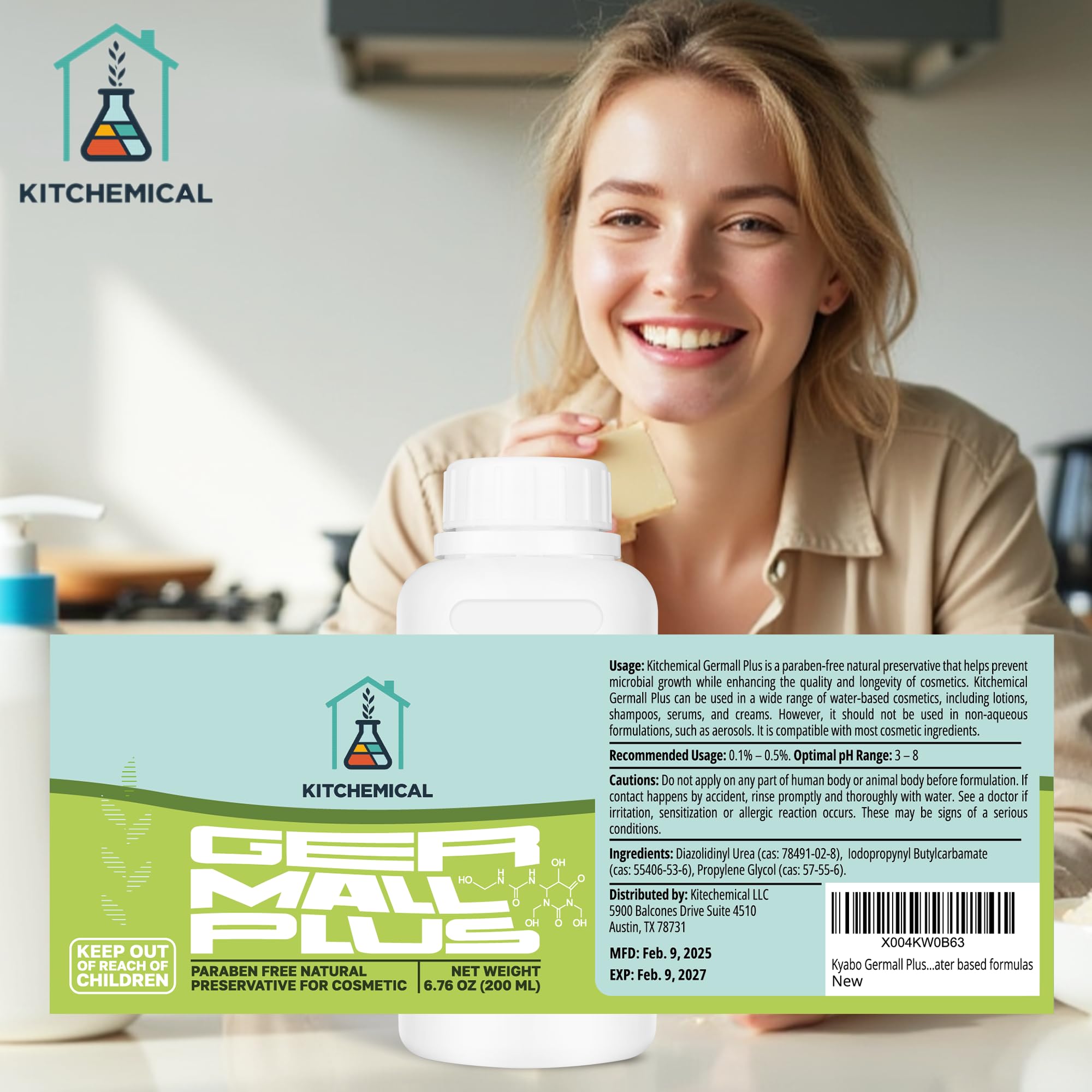 Frasco de ingredientes mostrando compatibilidad de Germall Plus con pH 3–8.