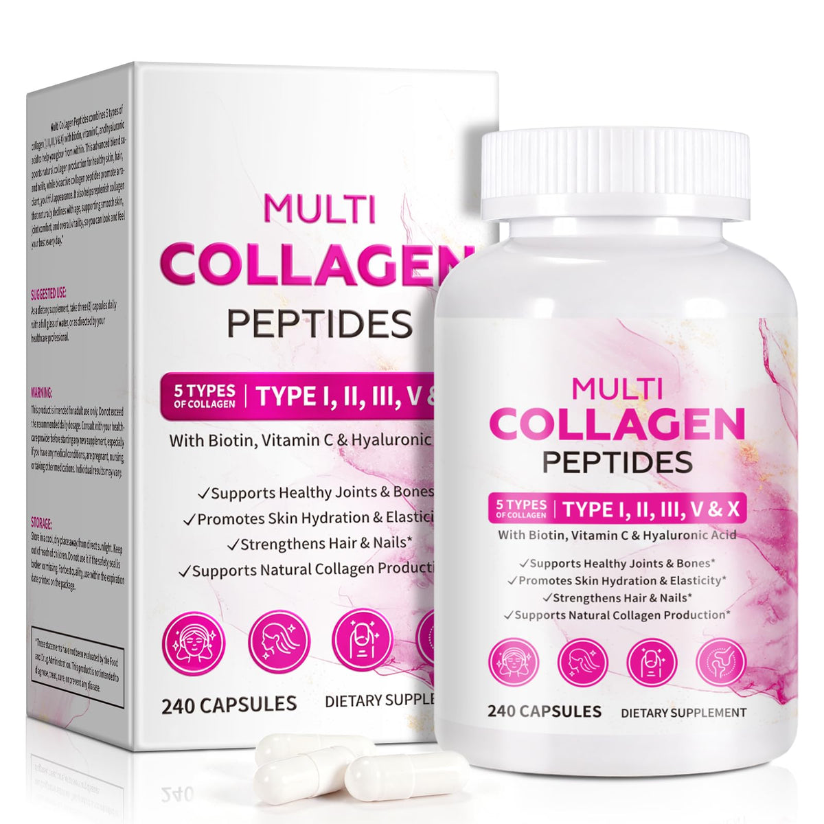 KITNOBLIS colágeno cápsulas, botella frontal, apoyo a piel suave y cabello saludable